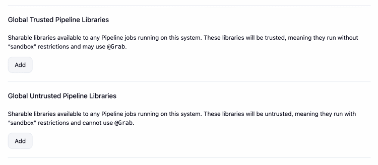 Jenkins System Configuration page, accessed by navigating from Dashboard to Manage Jenkins then to System, displaying sections for Global Trusted Pipeline Libraries and Global Untrusted Pipeline Libraries. Each section provides options to add sharable libraries.