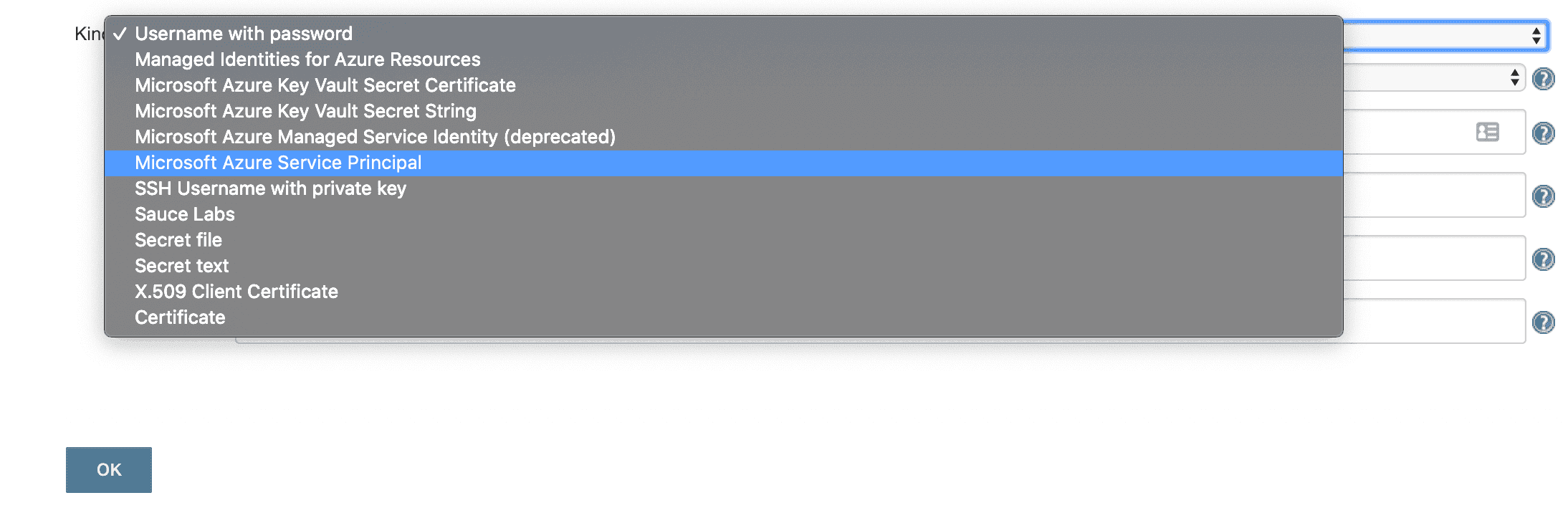 Microsoft Azure Service Principal dropdown